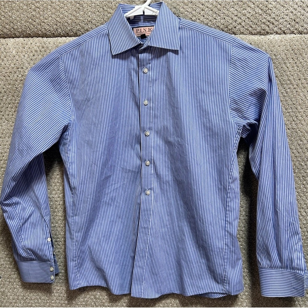Pink‎ Thomas Pink Long Sleeve Button Down Blue Striped Shirt Slim Fit Size 15